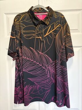 Birdie bound Black Polo with Pink & Orange Leaf Print 3XL